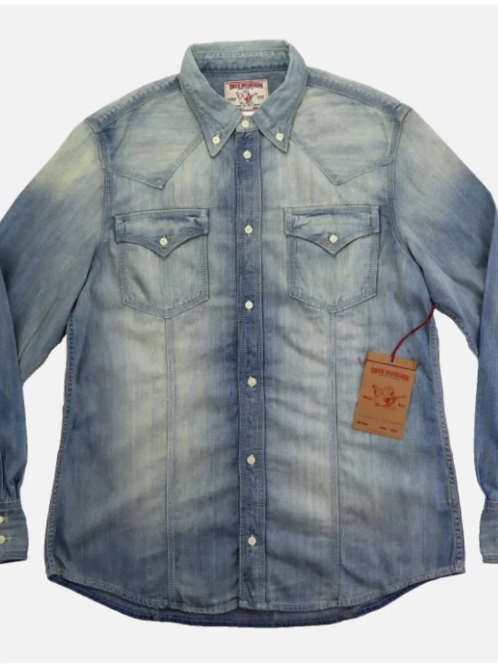 True Religion Slim Fit Denim Long Sleeve Men's Shirt XXL 100% Cotton Light Blue